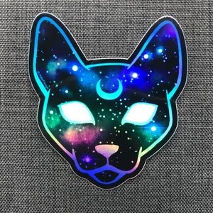 Black Cat Holographic Vinyl Sticker - Celestial Decal With Space, Stars, Moon, Nebula & Galaxy