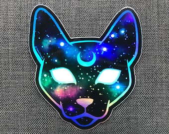 Black Cat Holographic Vinyl Sticker - Celestial Decal With Space, Stars, Moon, Nebula & Galaxy