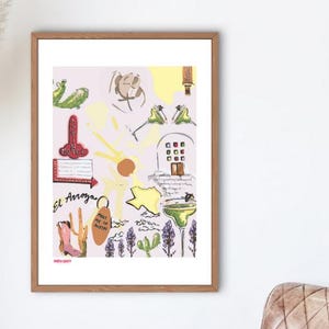 May include: A framed art print with a light pink background features colorful illustrations of a cactus, cowboy boot, margarita, and other Southwestern-themed images. The print includes the text "El Arroyo" and is displayed on a white wall.
