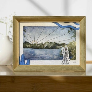 PAINTING - Watercolor on Paper with Collage - Town Lake