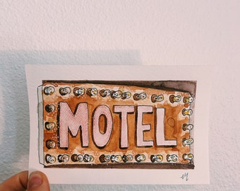 Motel Sign Watercolor 6x4", Wall Decor, Housewarming Gift, Trendy Art, Vintage Art, Texas Art, Travel, Dorm Art, UT Austin, College Gift