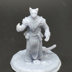 May include: A gray 3D printed miniature of a humanoid figure with a cat-like head wearing a robe. The figure is standing on a round base.