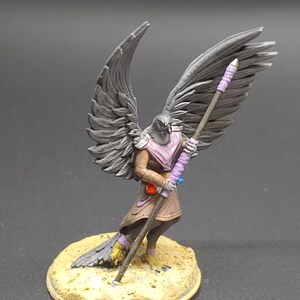 May include: A miniature figurine of a bird-like humanoid with outstretched wings. The figure is predominantly grey, with a pink scarf and brown clothing. It holds a staff wrapped in purple. The base is a tan colour.