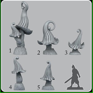 May include: Five different gray 3D printed mushroom sculptures. Each mushroom has a unique shape and design. The mushrooms are numbered 1 through 5.