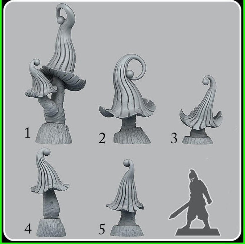 May include: Five different gray 3D printed mushroom sculptures. Each mushroom has a unique shape and design. The mushrooms are numbered 1 through 5.