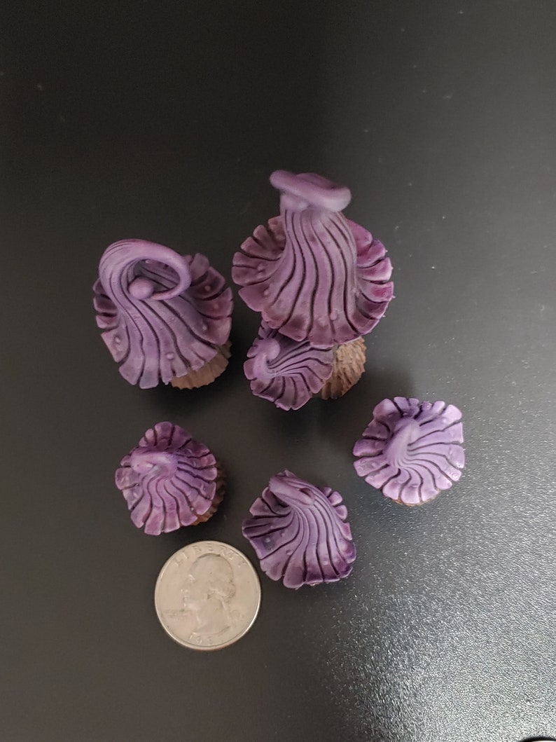 May include: Six purple and brown miniature mushroom figurines with detailed textures. The mushrooms are arranged in a cluster on a black surface.