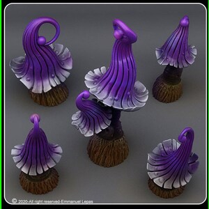 May include: Five purple and white mushroom-shaped figurines with intricate details. The mushrooms have a textured, wood-like base and a smooth, glossy finish.