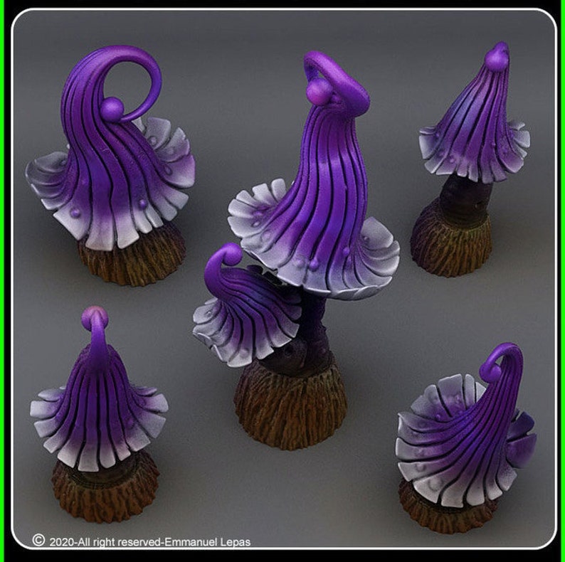 May include: Five purple and white mushroom-shaped figurines with intricate details. The mushrooms have a textured, wood-like base and a smooth, glossy finish.