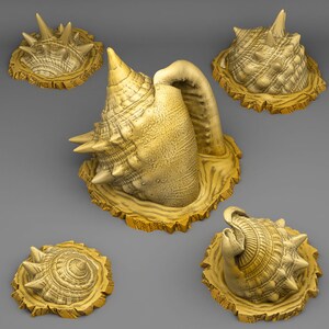 May include: A collection of five beige-colored, textured seashell sculptures. The sculptures have a rough, organic appearance with spiky protrusions and detailed surface patterns. The shells are set on a textured base, creating a naturalistic aesthetic.