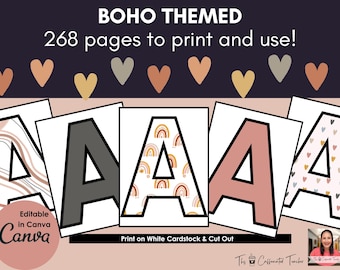 May include: Four printable letter A templates in different boho patterns. The patterns include abstract swirls, rainbows, and hearts. The text "Editable in Canva" and "Print on White Cardstock & Cut Out" is included in the image.