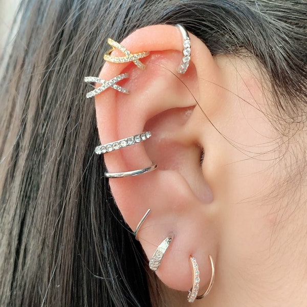 Série de BOUCLES d’oreilles, FAUX PIERCING, Hélix, double tours, double cerceaux, Minis créoles, Criss Cross Ear Cuff Stud Hoops earring.