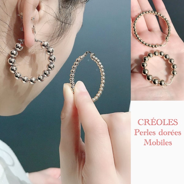 CRÉOLES, Anneaux Boucles d’oreilles, Boules de perles mobiles, Plaqué or 750/000-18K 3 microns. Top Qualité !