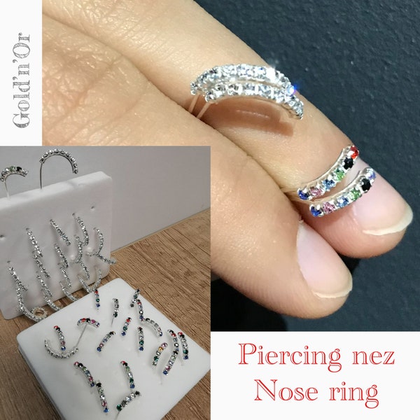 Lot de 2 PIERCING Puces de NEZ (ou Oreilles), Forme ARC, Argent 925, sertis de brillants ou de cristaux de couleurs.