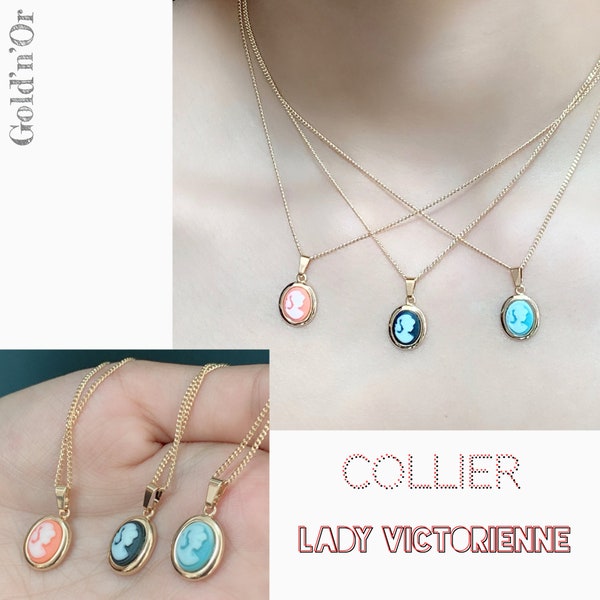 Série COLLIERS, Ras de cou, Chaîne Pendentif, Plaqué or 750/000-18K, Corail, Camée *LADY VICTORIENNE*