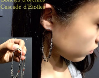 BOUCLES d’oreilles Chaîne mobile Pampilles Étoiles, Argent 925 Rhodié#, *CASCADE d’ÉTOILES*