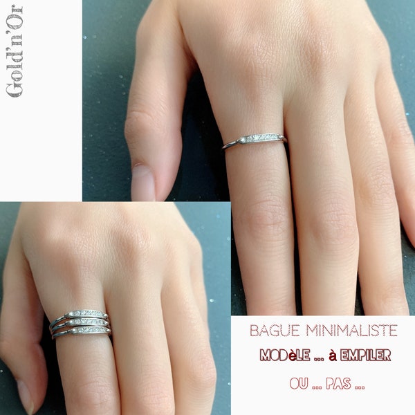 BAGUE Anneau à empiler, à superposer, Minimaliste, Argent 925 Rhodié#, pavé d’oxydes de zirconium