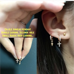 Série CRÉOLES Anneau Spike Dangle HUGGIE Zircons. Pl/Or 750/000-18K. 3 microns. Top Qualité !