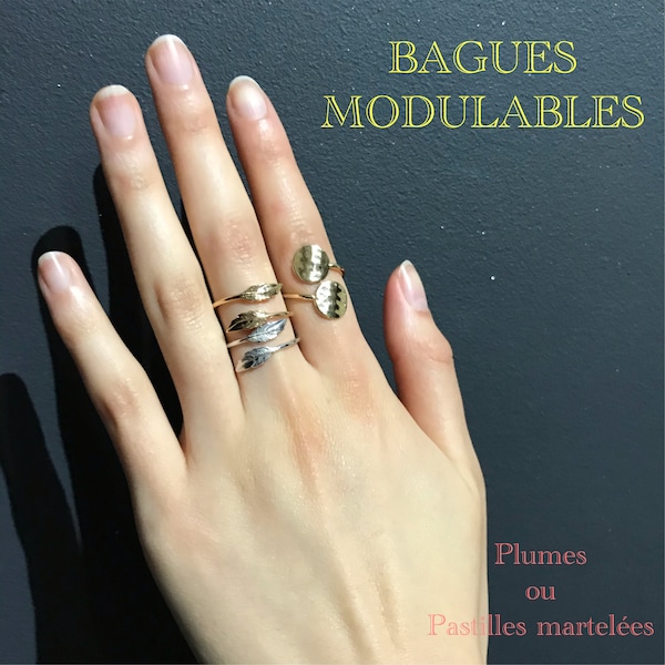 BAGUES Anneaux Modulables & Réglables , PLUMES ou PASTILLES Martelées, Argent 925 rhodié, Pl Or 750/000-18K