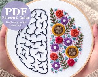 Floral Brain Hand Embroidery Design - PDF Pattern & Guide - DIY Embroidery For Beginners - Mental Health Self Love Digital Download