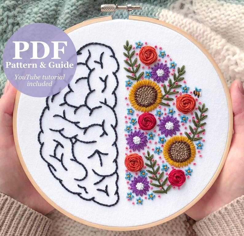 Floral Brain Hand Embroidery Pattern Mental Health Etsy