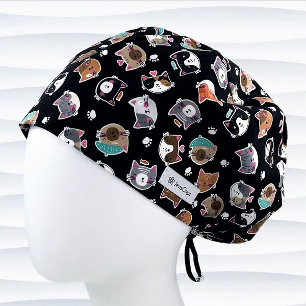 Pixie Euro Cute Cat Faces Paws Hearts on Black Pixie Euro Scrub Cap for Women, Scrub Hats, Surgical Caps, "Purrfect"