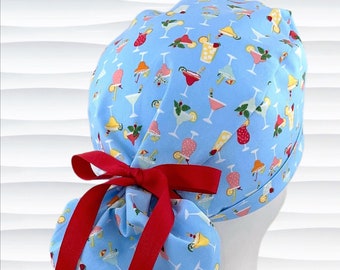 Ponytail Mixed Drinks Umbrellas on Blue Fun Cute Scrub Cap for Women ,  Scrub Hat, Surgical Cap, "Happy Hour"