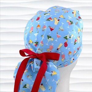 Ponytail Mixed Drinks Umbrellas on Blue Fun Cute Scrub Cap for Women ,  Scrub Hat, Surgical Cap, "Happy Hour"