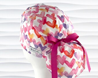 Hearts Ponytail Scrub Cap for Women, Pink Purple on White, Buttons Option, Satin Lining Option, Long Hair, Surgical Hats, &quot;Watercolor Love&quot;