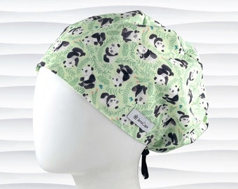 Koala Bears Pixie Euro Scrub Cap for Women, Black White Green, Satin Lining Option, Buttons Option, Scrub Hats, Surgical Caps, "Cuddles"