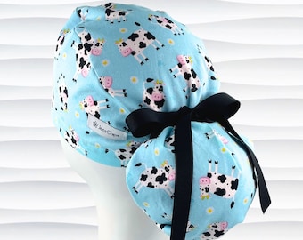 Cows Ponytail Black White Daisies Blue, Long Hair Scrub Cap for Women, Satin Lining Button Options,  Scrub Hats, Surgical Hats, &quot;Happy Cows&quot;
