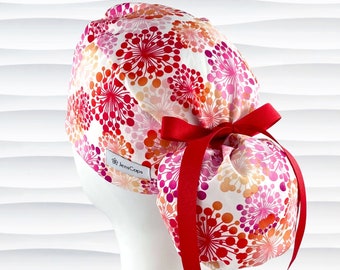 Floral Ponytail Scrub Cap for Women Pinks and Reds , Satin Lining Option, Buttons Option, Long Hair, Surgical Caps, Scrub Hats, &quot;Allium&quot;