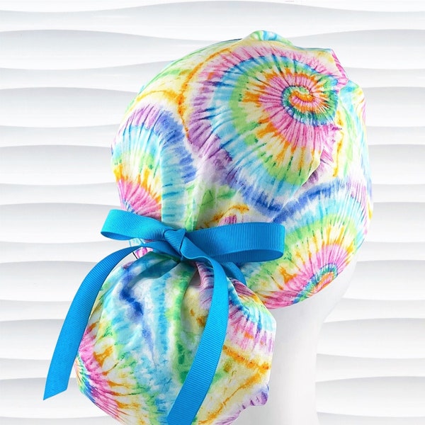 Pastel Ponytail Scrub Cap Tie-Dyed for Women,  Buttons Option, Satin Lining Option, Long Hair, Surgical Caps