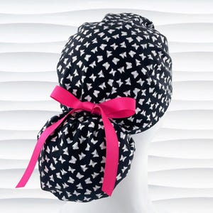 Butterflies Ponytail Scrub Cap for Women, Black and White, Buttons Option, Satin Lining Option, Long Hair, Surgical Caps, &quot;Paradox&quot;