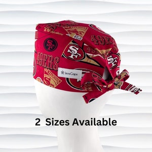 NFL 49ers Surgeon Style Scrub Cap, 2 Sizes, Red Black, Men&#39;s Scrub Hats, Short Hair, Surgical Caps, OR Hat, Buttons Option, San Francisco