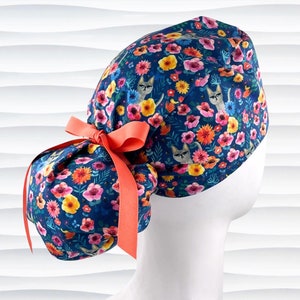 Cats Flowers Ponytail Scrub Cap for Women, Pink Blue, Satin Lining and Buttons Options, Long Hair, Surgical Cap, Scrub Hat, &quot;Where&#39;s Kitty?&quot;