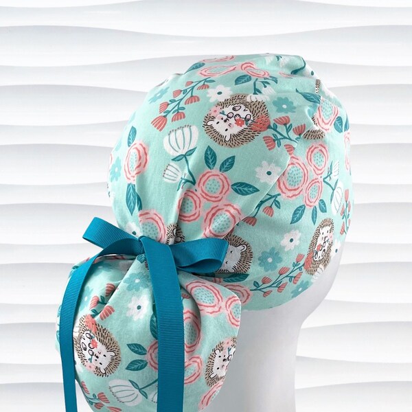 Ponytail Hedgehogs and Flowers on Aqua Scrub Cap for Women with Buttons Option, Long Hair, Scrub Hats, Surgical Caps