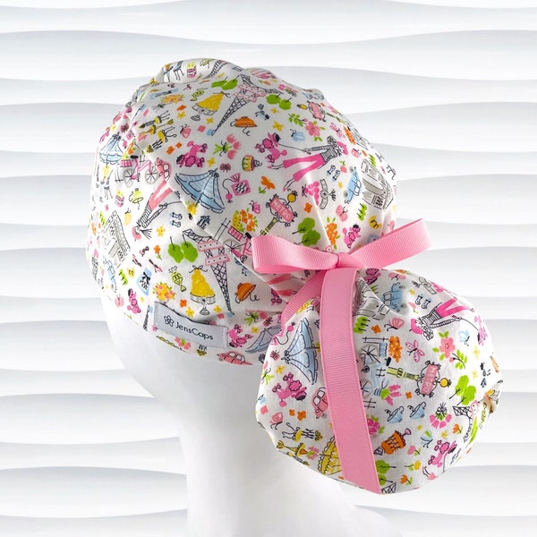 Paris Floral Ponytail Scrub Cap for Women, Eiffel, Cafe Pink Blue, Buttons Option, Satin Lining Option, Long Hair, Surgical Caps, "BonJour"