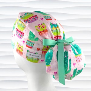 Cats Hearts on Pink Ponytail Scrub Cap, Buttons and Satin Lining Options, Long Hair, Surgical Caps, Scrub Hat, &quot;Love Kitty Cactus&quot;