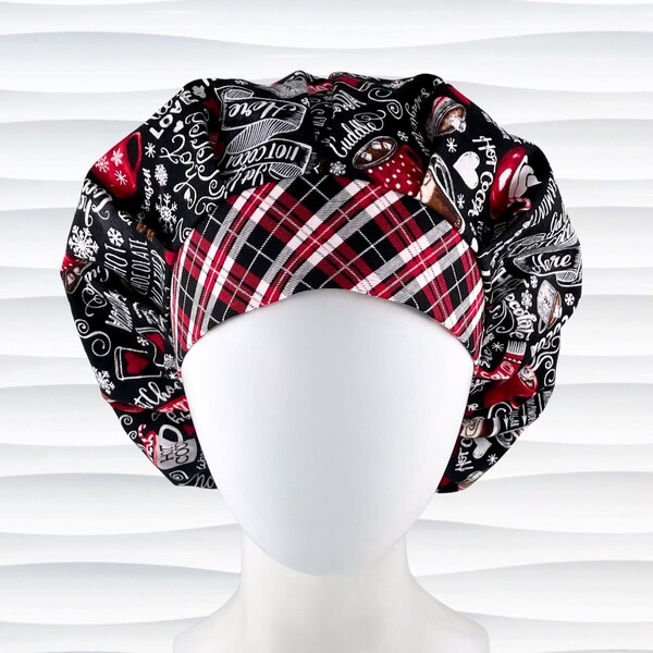 Tis The Season Bouffant Scrub Cap for Women Hearts Snowflakes, Satin Lining Buttons Option, Scrub Hats, Surgical Caps, "Love Hot Cocoa"