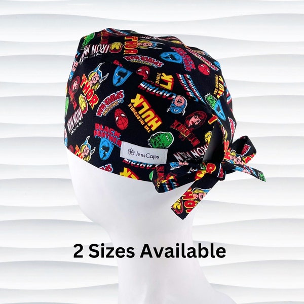 Marvel Avengers Surgeon Style Scrub Cap, 2 Sizes S/M or M/L, Men's Scrub Hats, Short Hair, Surgical Caps, OR Hat, Buttons, "Heroes"