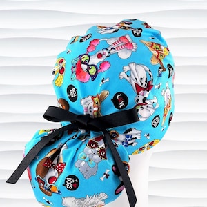 Dogs Rule Ponytail Scrub Cap for Women, Cute Dogs in Sunglasses, Poodles, Dalmatians, Buttons Option, Long Hair, Surgical Caps, "Cool Duke"