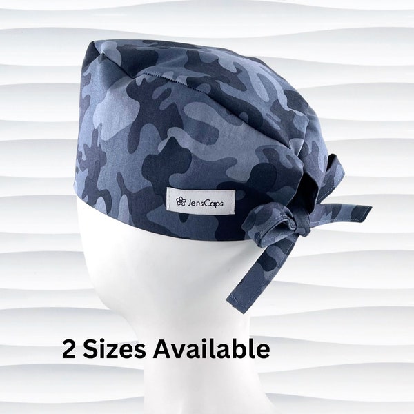 Camouflage Surgeon Style Scrub Cap Gray, 2 Sizes S/M or M/L, Men Scrub Hats, Short Hair, Surgical Caps, OR Hat, Buttons Option, "Steely Cam"