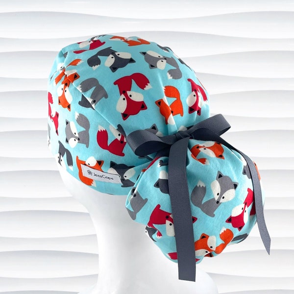Cute Foxes Ponytail Scrub Cap for Women, Red Orange Blue, Buttons and Satin Lining Option, Long Hair, Surgical Caps, "Sly Fox"