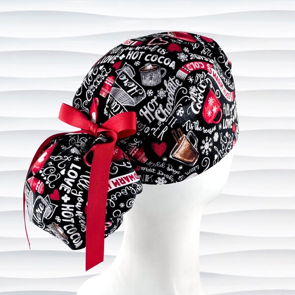 Tis the Season Ponytail Scrub Cap for Women Black Red Winter, Button Option, Satin Lining Option, Long Hair, Surgical Caps, "Love Hot Cocoa"