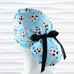 Cows Ponytail Black White Daisies Blue, Long Hair Scrub Cap for Women, Satin Lining Button Options,  Scrub Hats, Surgical Hats, &quot;Happy Cows&quot;