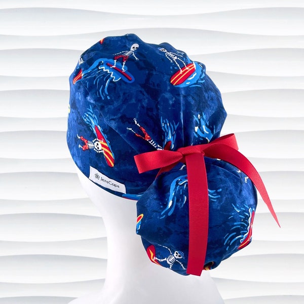 Ponytail Surfing Skeletons Red Blue Scrub Cap for Women Long Hair, Satin Option,  Buttons Option, Scrub Hats, Surgical Caps, "Hang Time"