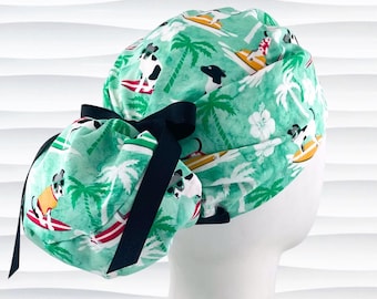 Surfing Dogs Euro Pony Scrub Cap, Hybrid Ponytail, Optional Satin Lining, "Surf's Pup"