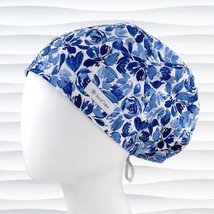 Blue Floral Euro Pixie Scrub Cap, 2 Size Options, Optional Satin Lining, "Dreaming"