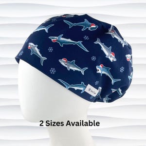 Sharks Holiday Pixie Euro Scrub Cap for Women, Red Blue Christmas, Buttons Option, Scrub Hats, Surgical Caps, "Jawsome Santa Hats"