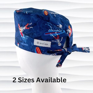 Surfing Skeletons Surgeon Style Scrub Cap, 2 Sizes S/M or M/L, Men&#39;s Hats, Short Hair, Surgical Caps, OR Hat, Buttons Option, &quot;Hang Time&quot;
